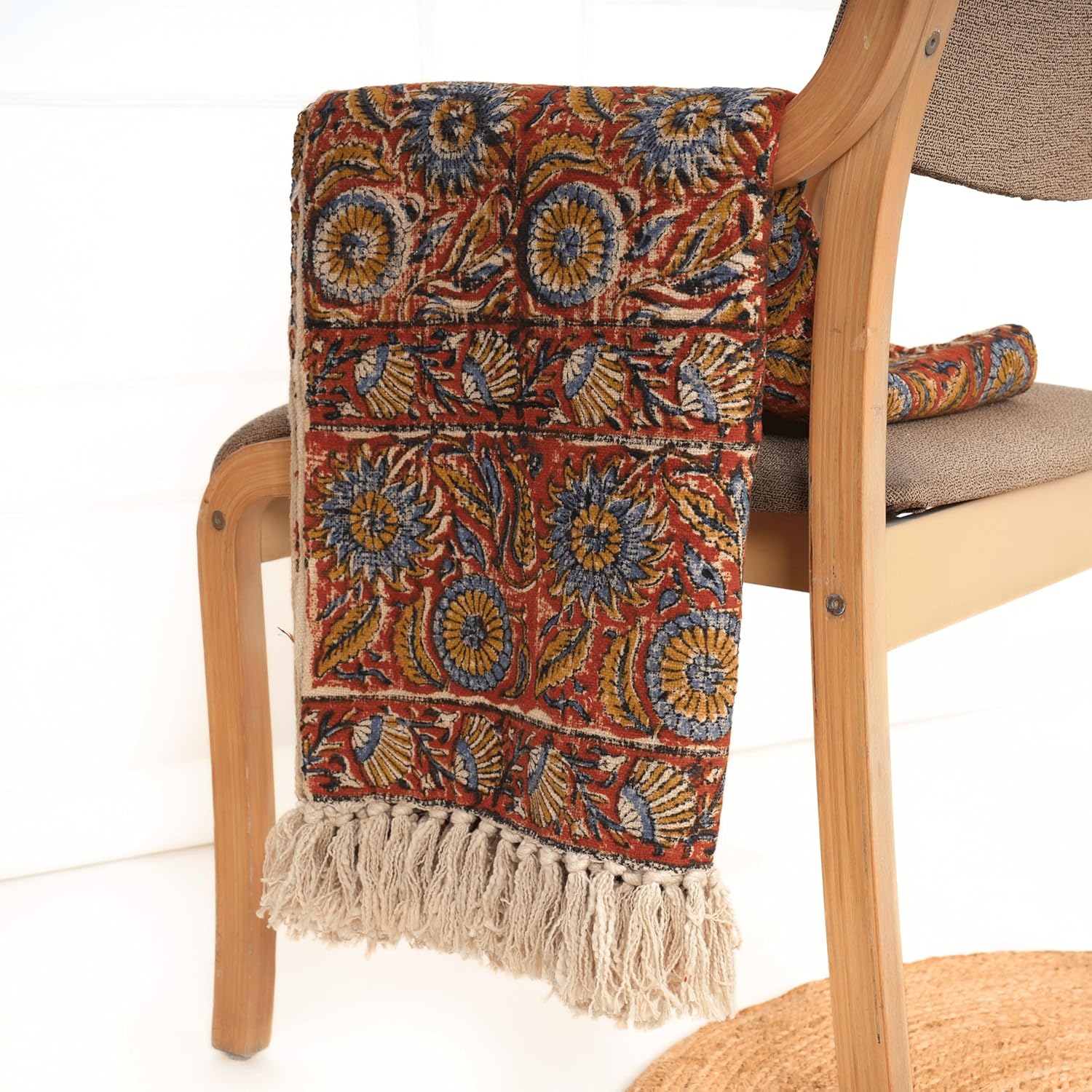 Handmade Cotton Throw Blanket | Floral Block Print in Orange & Navy | 48x70 Inches Fringed Bed