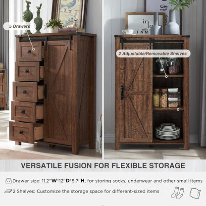 T4TREAM 5 Drawers Dresser for Bedroom w/Sliding Barn Door, Farmhouse Modern Dresser Tall 5 Chest of