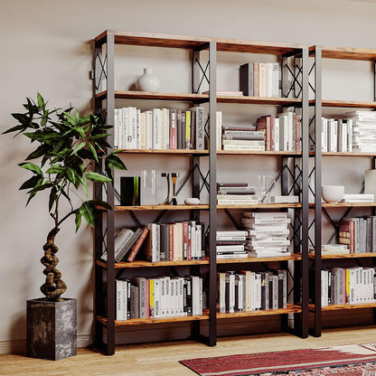 IRONCK Bookshelf Double Wide 6-Tier 76" H, Open Large Bookcase, Industrial Style Shelves, Wood and