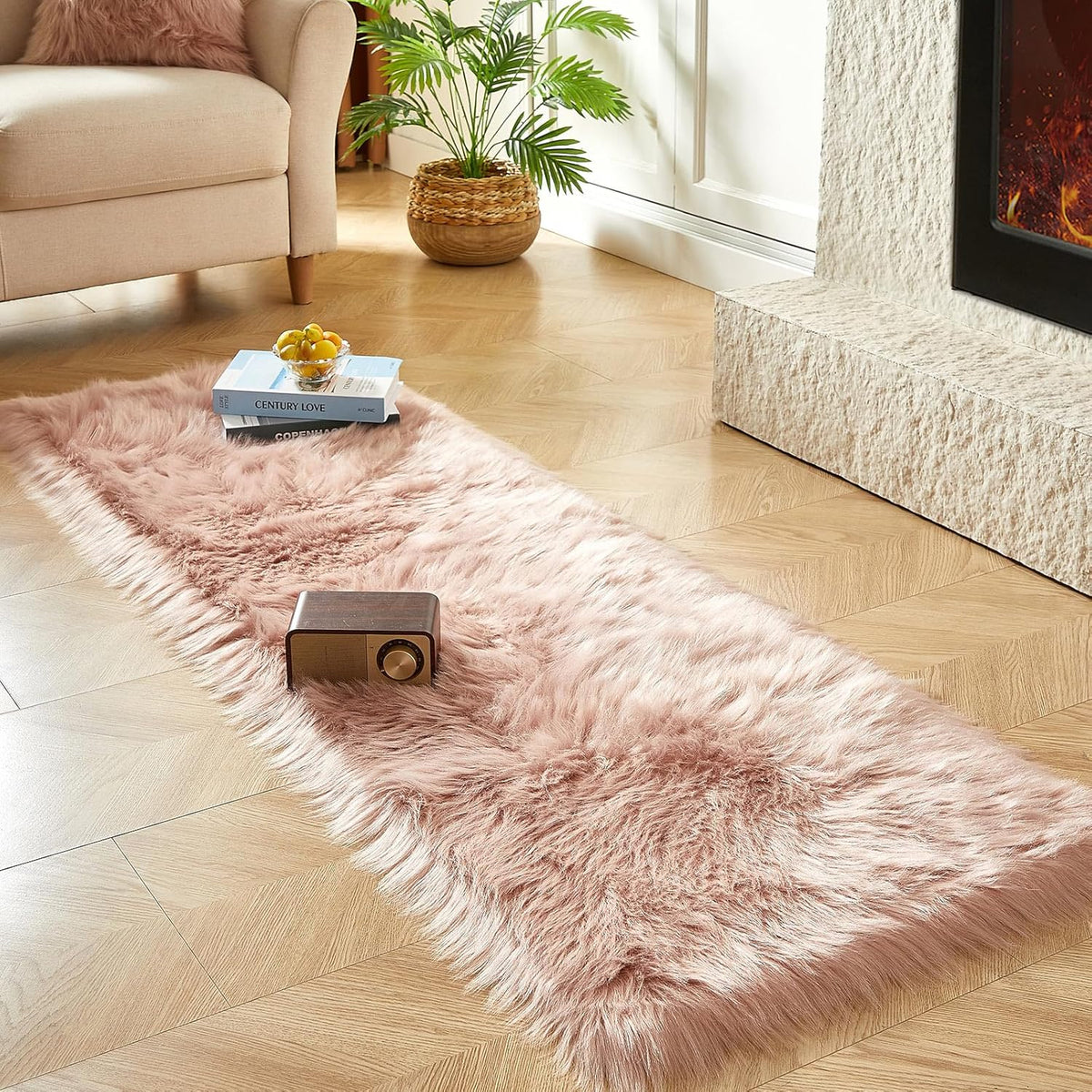 AMTOVO Faux Fur Rug, Pink Ultra Soft Fluffy Shag Sheepskin Rug, 2 x 6 ft Runner Area Rugs for