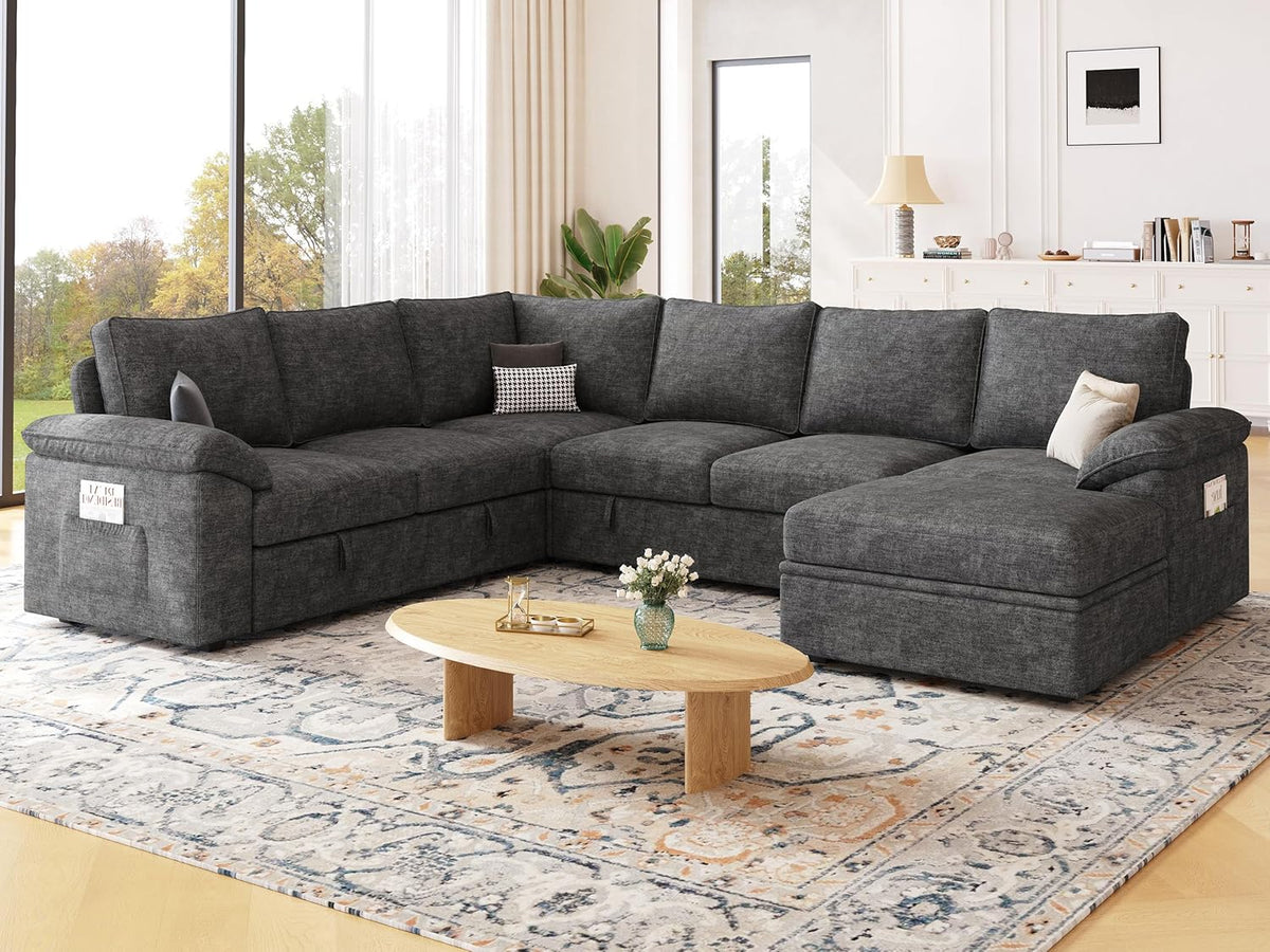 108 Inch Sectional Sleeper Sofa with Pull Out Bed,U Shaped 7 Seat Modular Sectional Sofa with