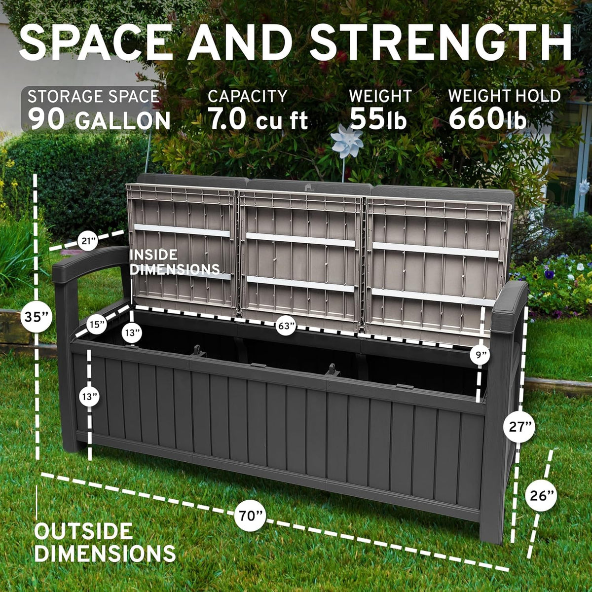 EconoHome 3 Seat Outdoor Storage Bench - 90 Gallon Capacity - Weatherproof Resin Bench for Patio