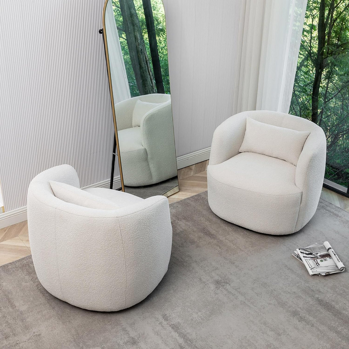 KINWELL 34" Wide Boucle Swivel Barrel Chairs Set of 2, No Assembly Round Upholstered Armchairs