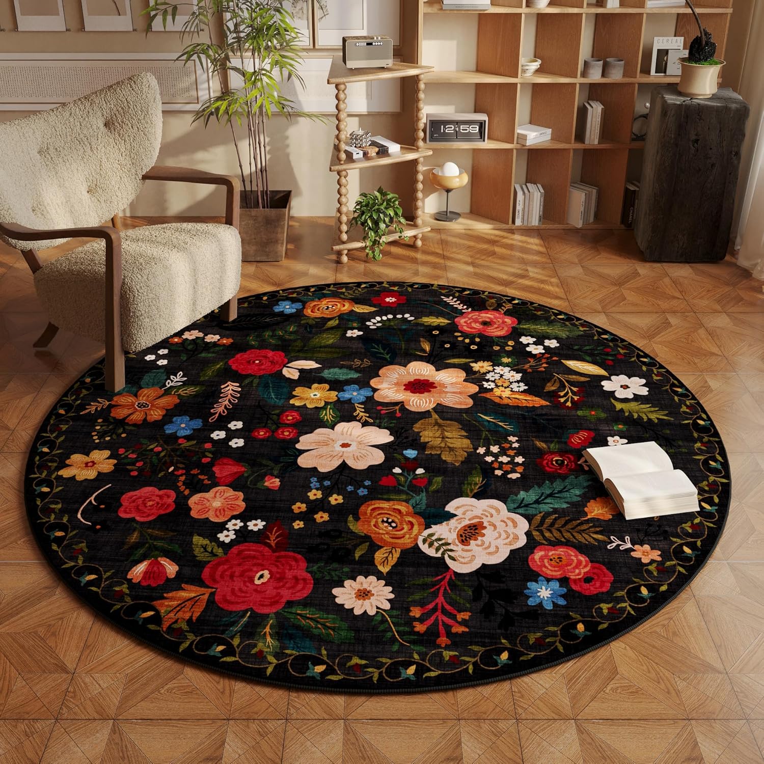 Round Rug 6ft Washable Circle Rug Non Slip Low Pile Boho Floral Small Circular Rug for Bedroom