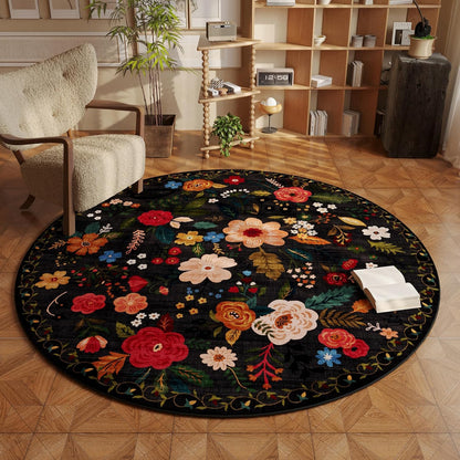 Round Rug 6ft Washable Circle Rug Non Slip Low Pile Boho Floral Small Circular Rug for Bedroom