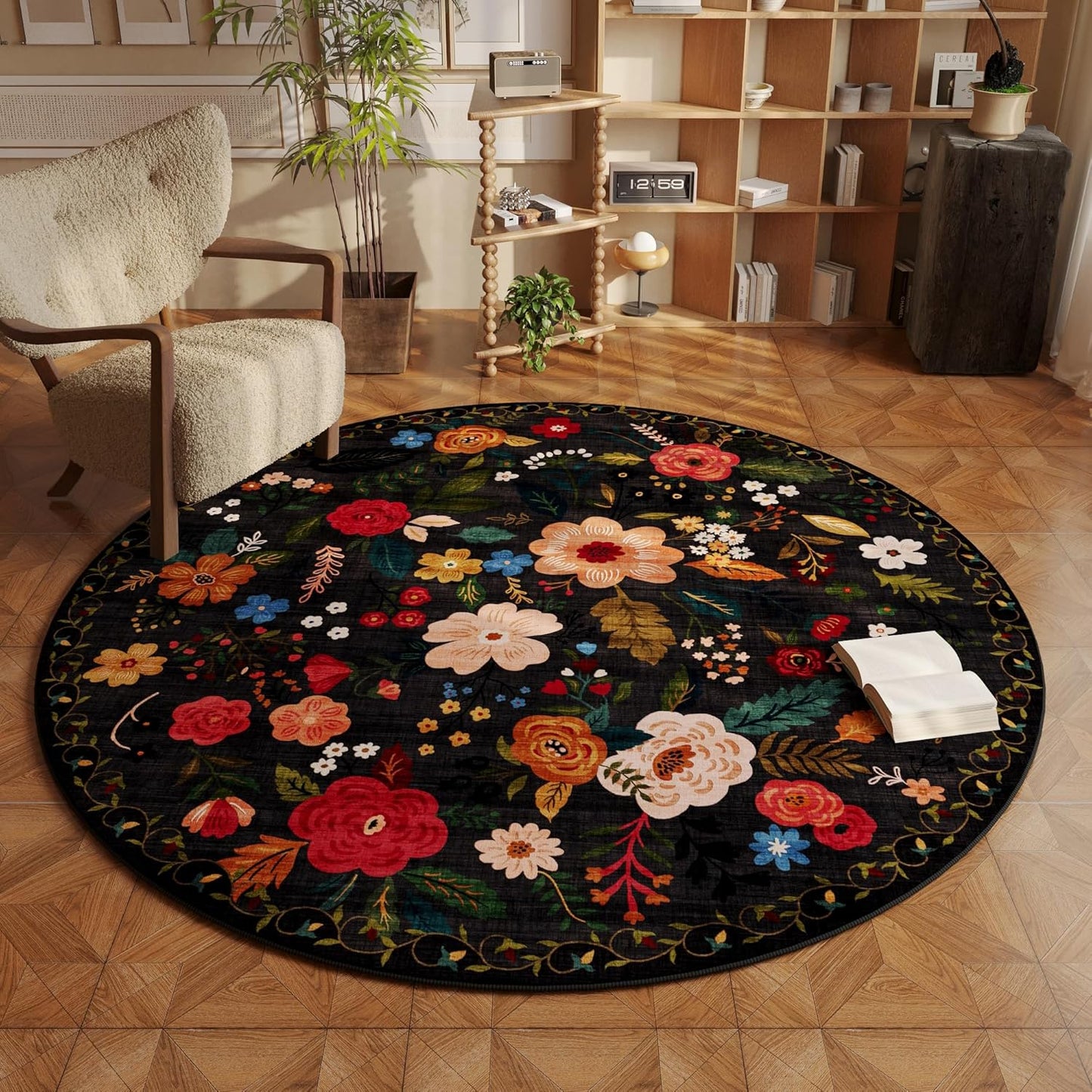 Round Rug 4ft Washable Circle Rug Non Slip Low Pile Boho Floral Small Circular Rug for Bedroom
