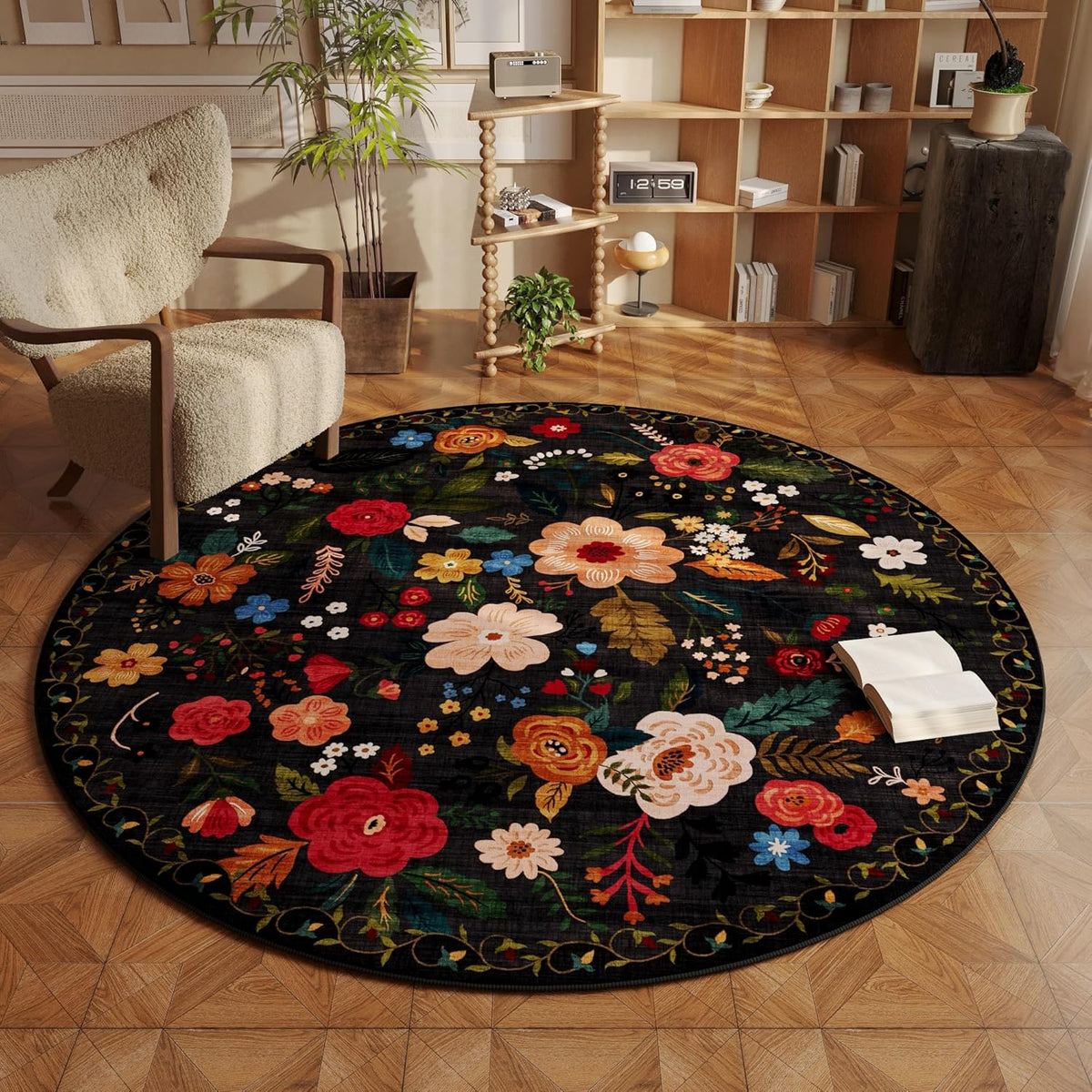 Round Rug 4ft Washable Circle Rug Non Slip Low Pile Boho Floral Small Circular Rug for Bedroom