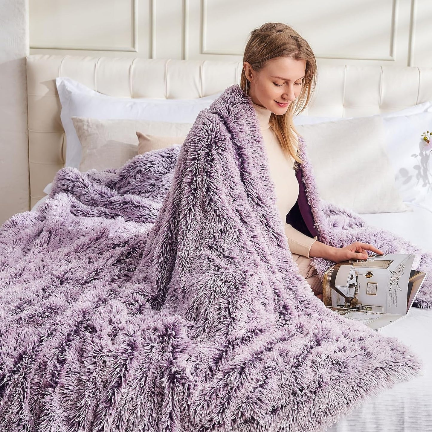 GONAAP Fuzzy Faux Fur Throw Blanket Frosty Purple Super Soft Cozy Plush Fuzzy Shaggy Blanket for