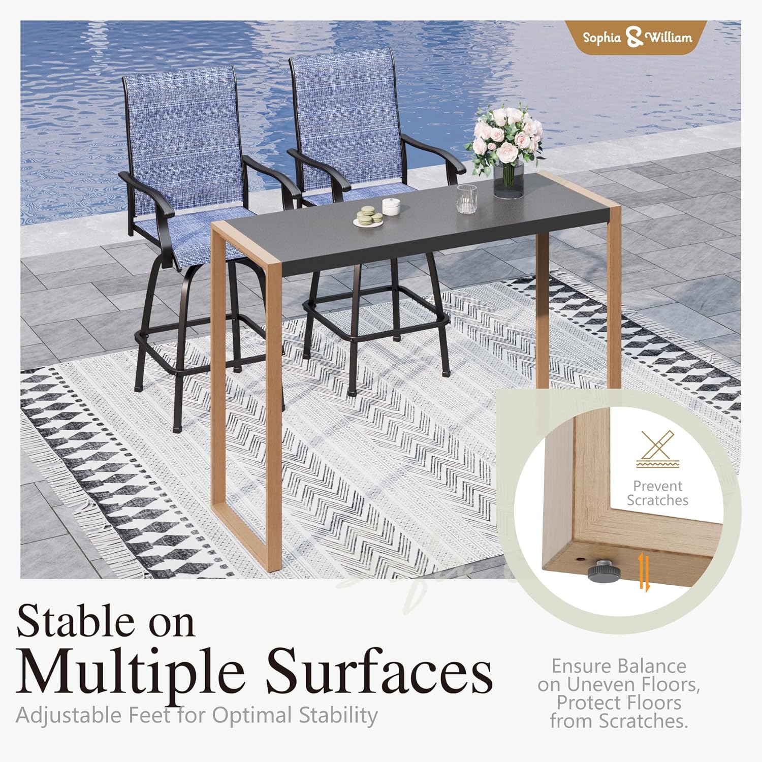 Sophia & William Outdoor Bar Set, Patio Bar Table and Chairs Set, Bar Height Patio Set - 2 x Swivel