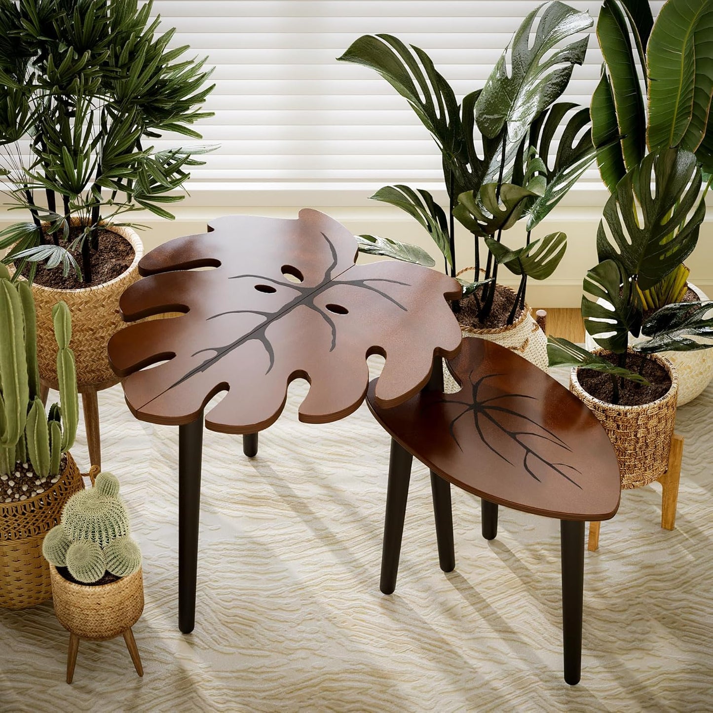 BAMEOS Monstera Leaf Nesting Tables Set of 2, Small Coffee Table Set with Leaf Vein Pattern, Modern