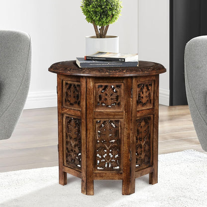 Lightnpro Handcrafted Wooden Round Accent Table - Vintage Farmhouse Octagonal Side End Table with