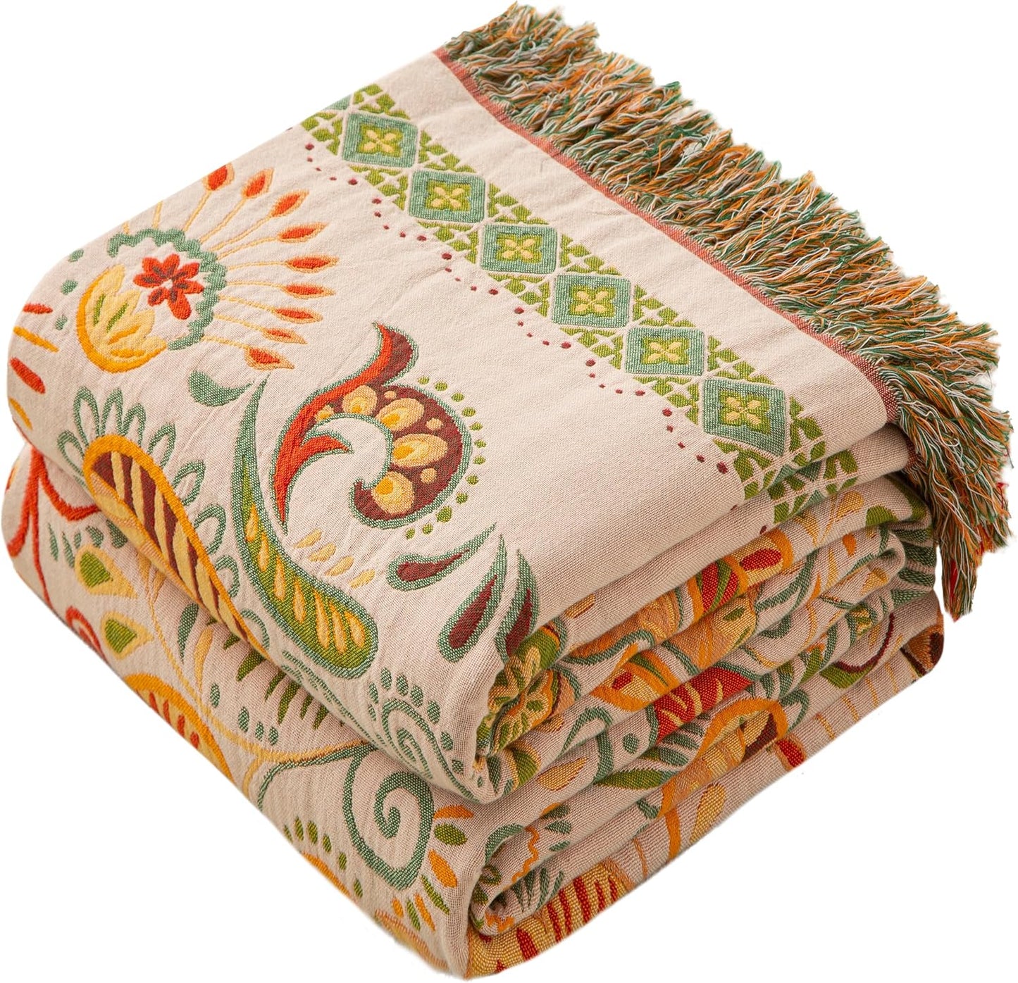 Boho Throw Blanket Queen Size, Oversized Soft Cozy Cotton Muslin Quilt Blanket for Bed Decor