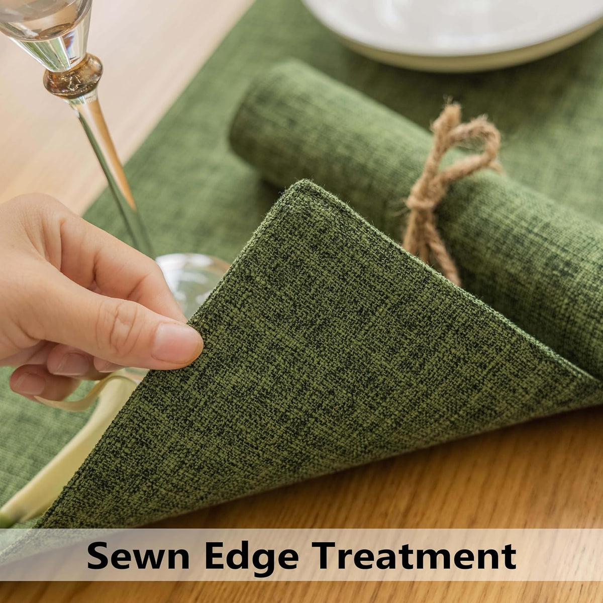 Demetex Green Placemats Set of 6 Vintage Cloth Textured Place Mats Stain Resistant for Holiday