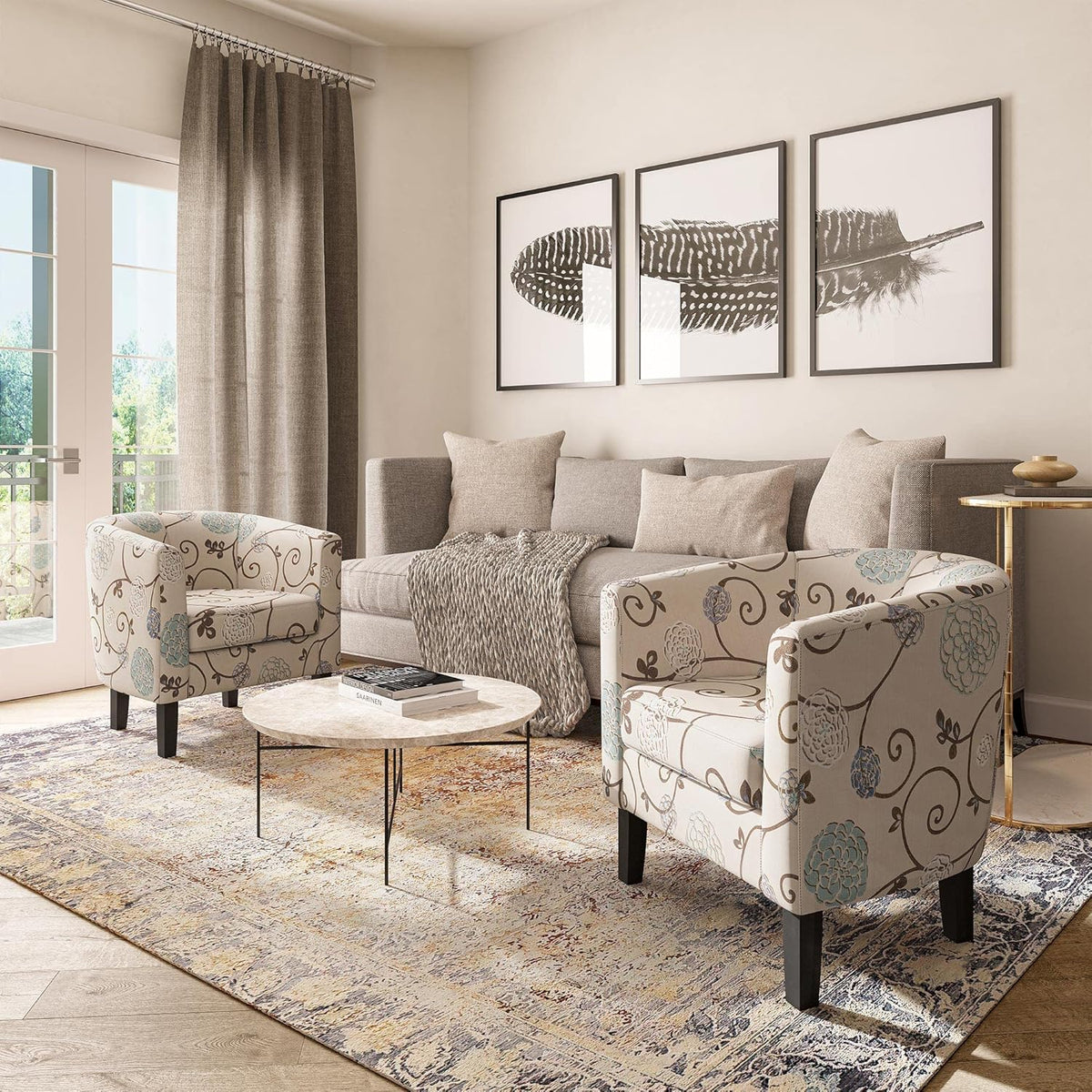 BELLEZE Living Room Chair, Linen Round Accent Barrel Chair, Club Tub Sofa Chair for Bedroom, Corner