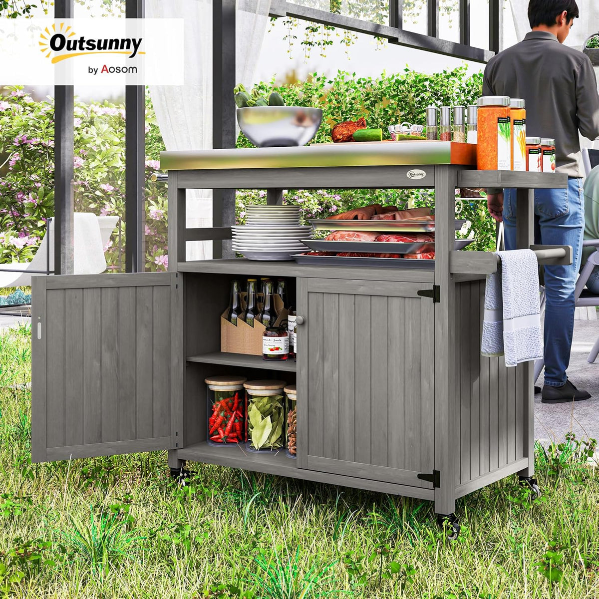 Outsunny Outdoor Grill Cart with Wheels and Storage, Solid Wood Outdoor Kitchen Island with