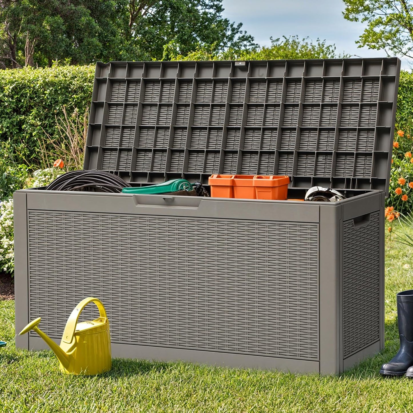 YITAHOME 60 Gallon Resin Deck Box, Weather Resistant Outdoor Rattan Storage Box, Lockable Indoor