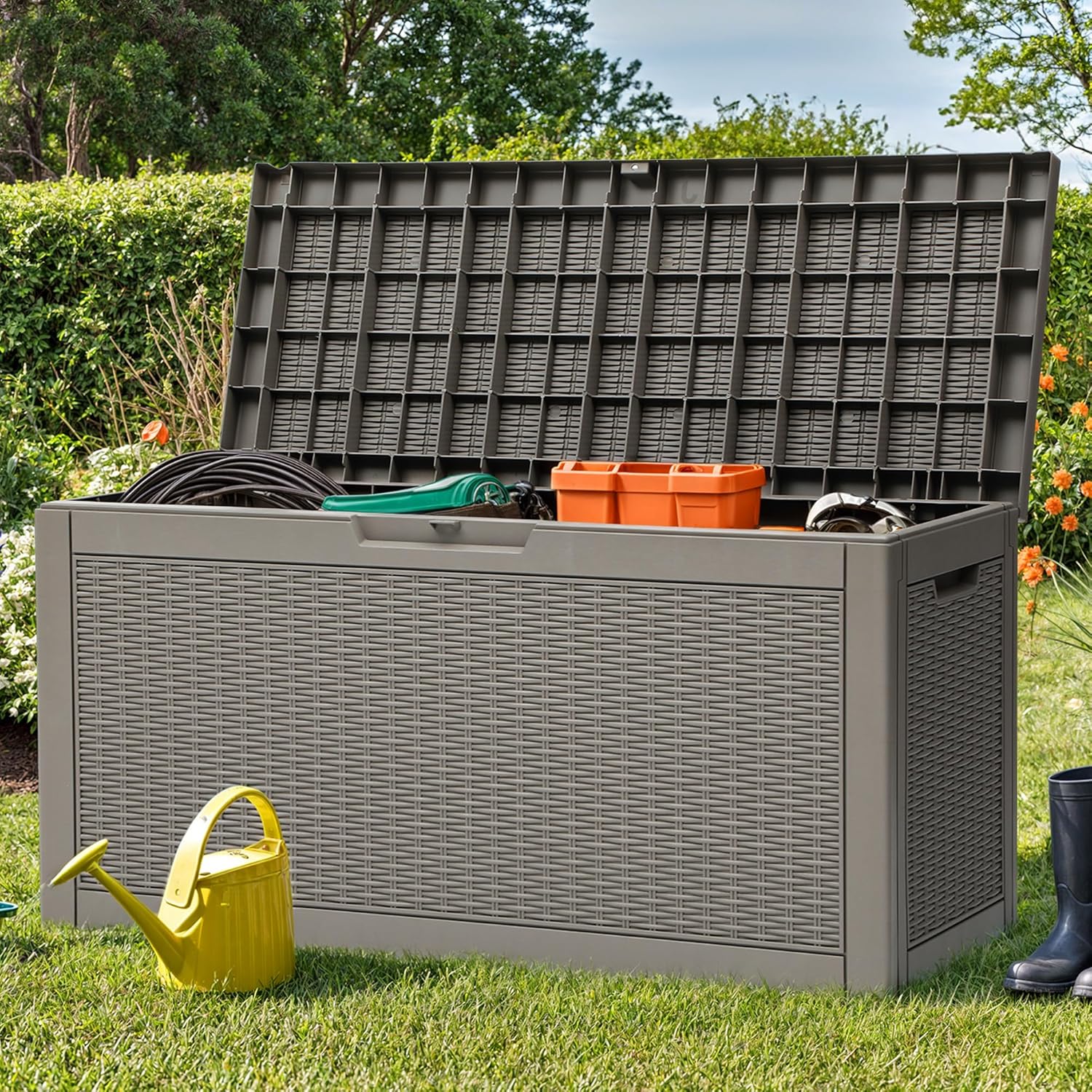 YITAHOME 60 Gallon Resin Deck Box, Weather Resistant Outdoor Rattan Storage Box, Lockable Indoor
