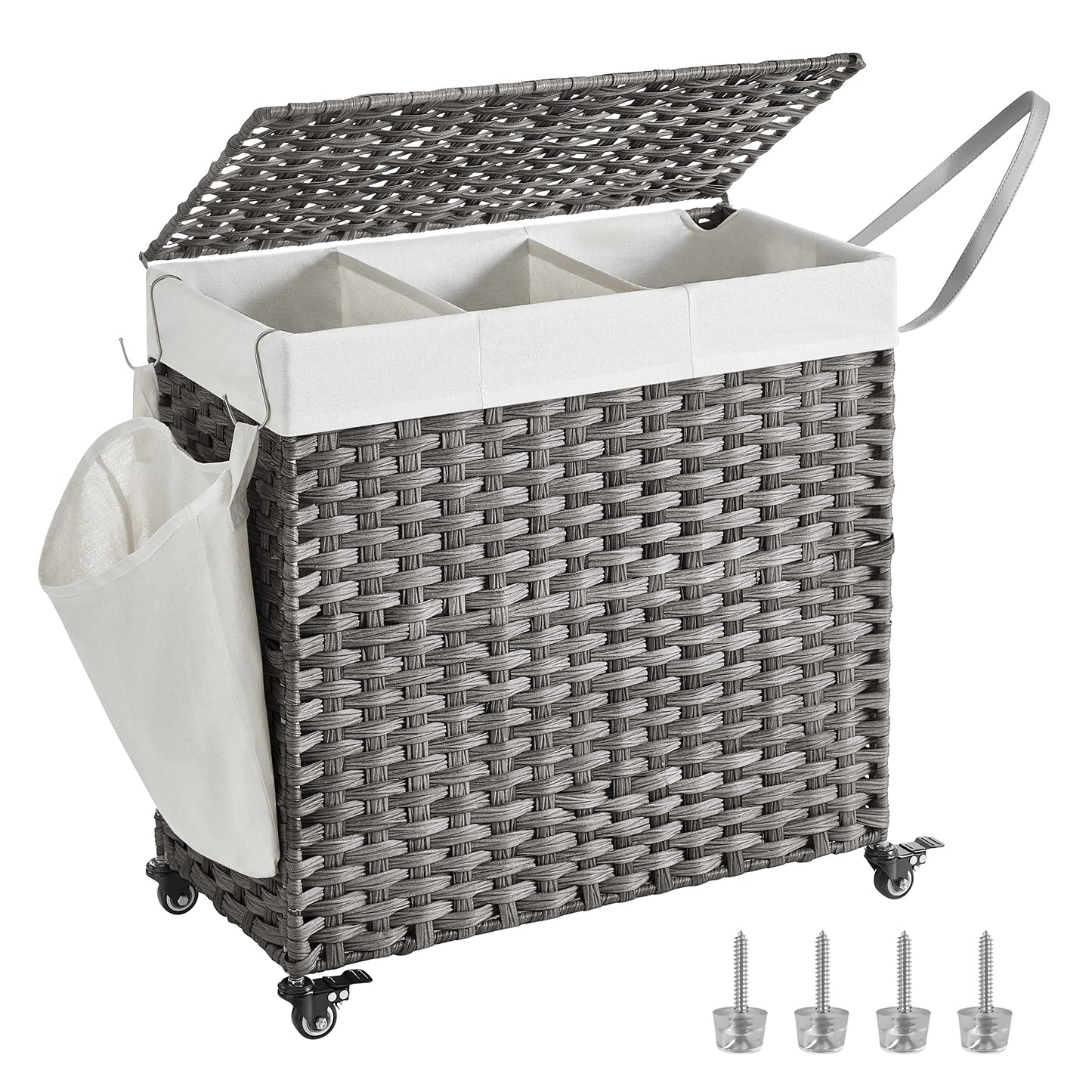 SONGMICS Laundry Hamper with Lid, 37 Gallons (140 L), Rolling Laundry Basket with Wheels, 3-Section