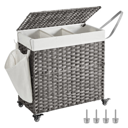 SONGMICS Laundry Hamper with Lid, 37 Gallons (140 L), Rolling Laundry Basket with Wheels, 3-Section
