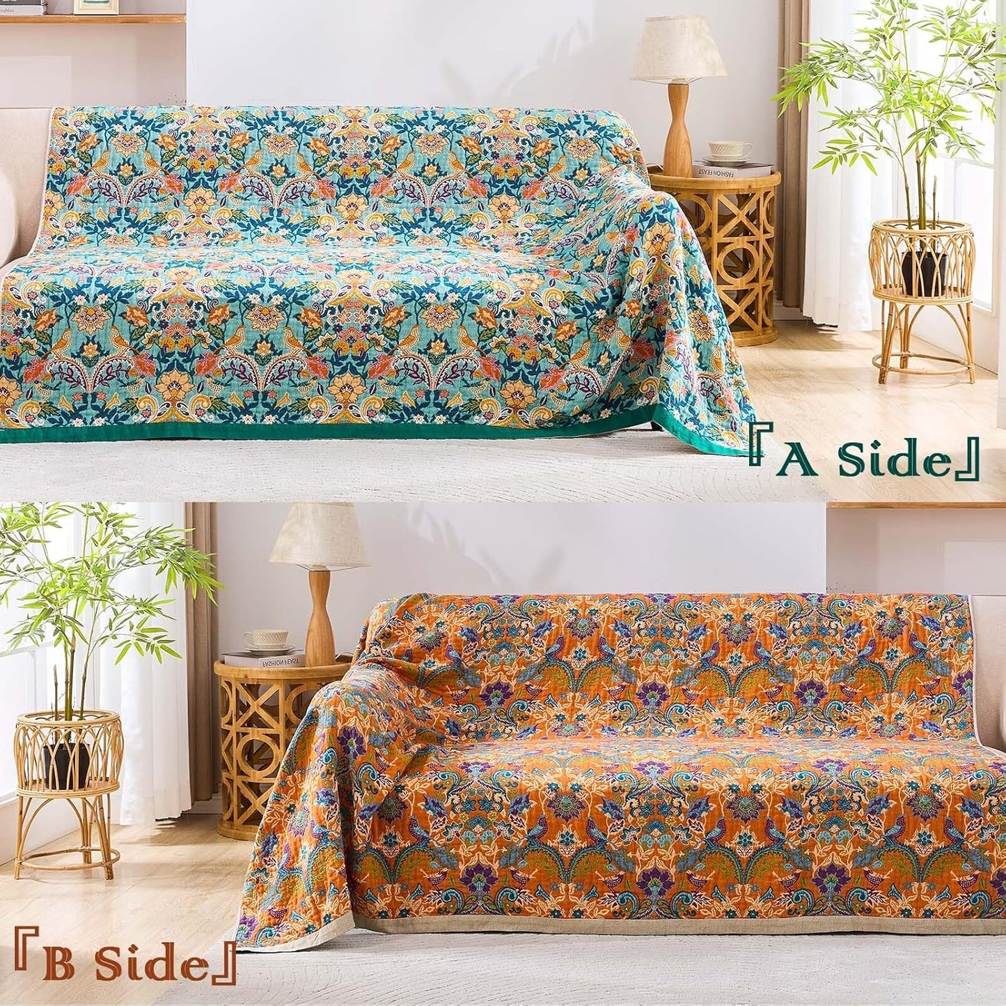 Boho Blanket Throw Quilt, 100% Cotton Soft Light Weight Throw Blankets for Summer, 80"x90"