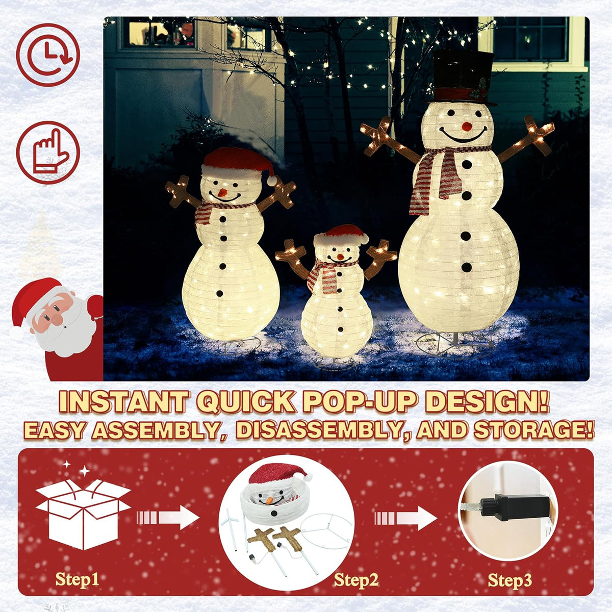 4FT Pop-Up Snowman Family, Pre-Lit Holiday Decoration Sign with 270 LED Lights, Customized