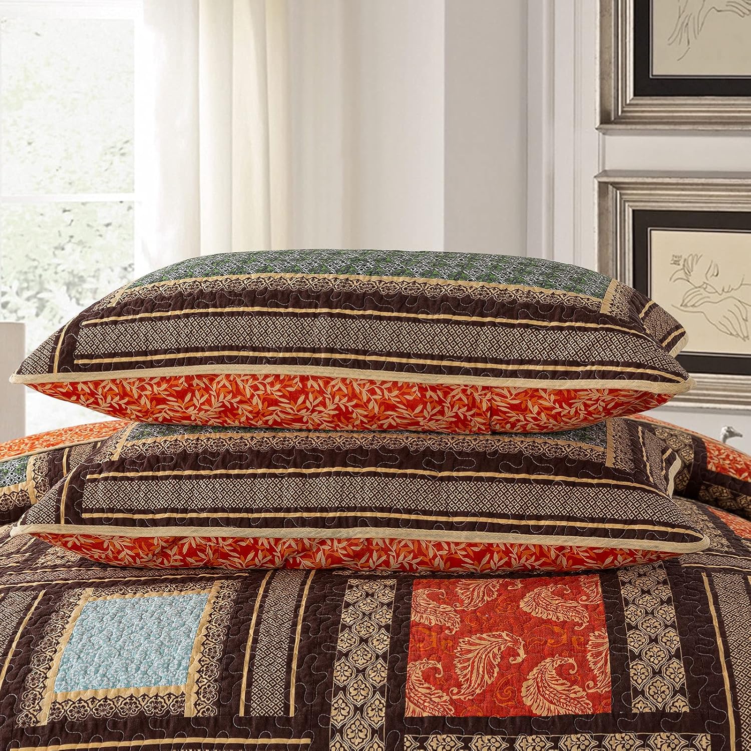 NEWLAKE Cotton Patchwork Bedspread, 3-Piece Bedding Quilt Set with Real Stitched Embroidery