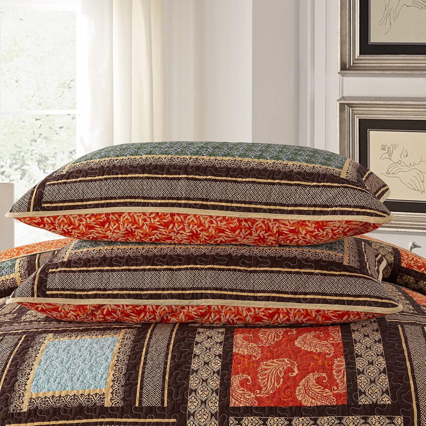 NEWLAKE Cotton Patchwork Bedspread, 3-Piece Bedding Quilt Set with Real Stitched Embroidery