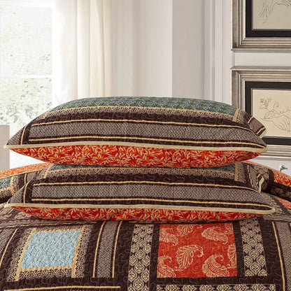 NEWLAKE Cotton Patchwork Bedspread, 3-Piece Bedding Quilt Set with Real Stitched Embroidery