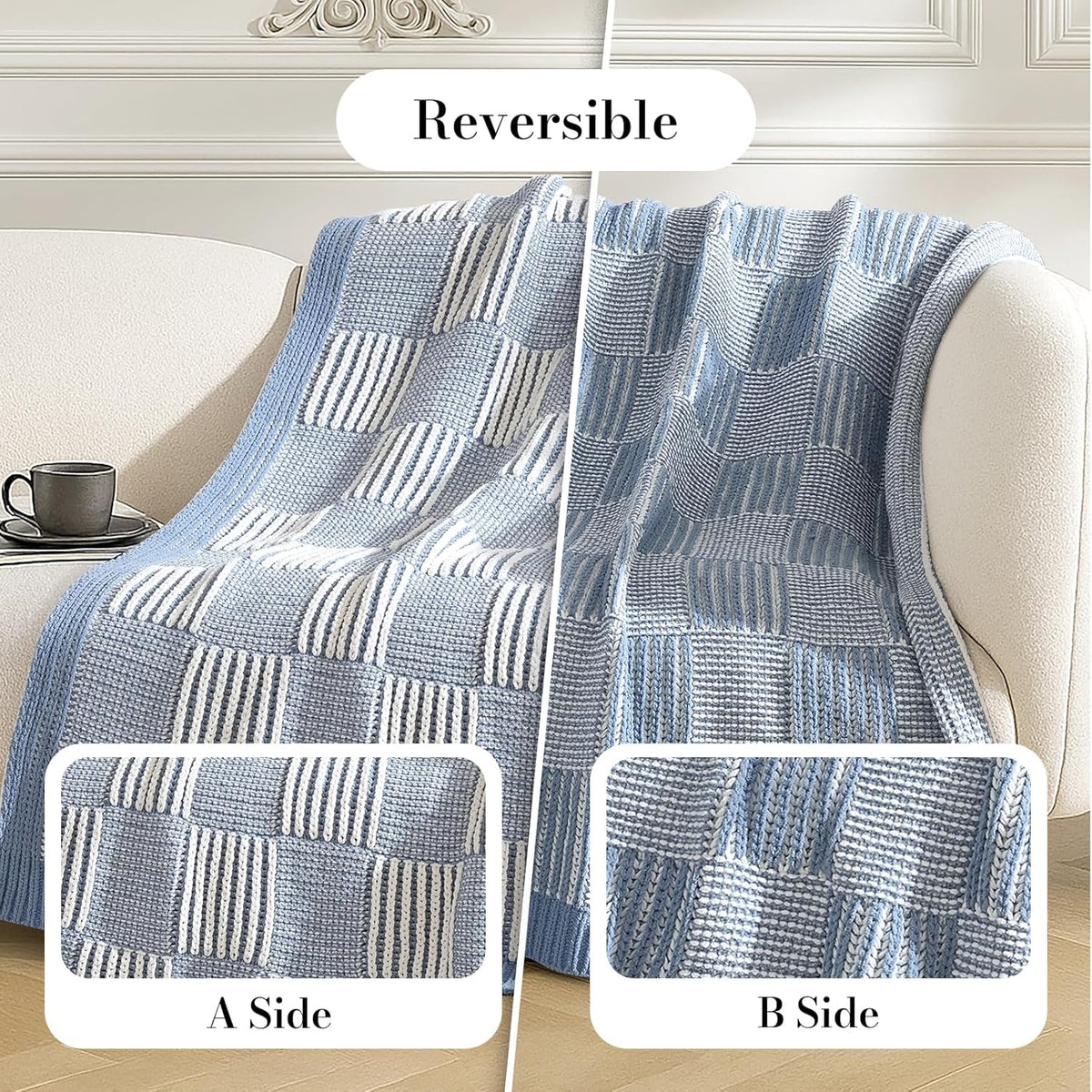 Amélie Home Chenille Knit Throw Blanket for Couch, Checkered Texture Decorative Soft Blanket for