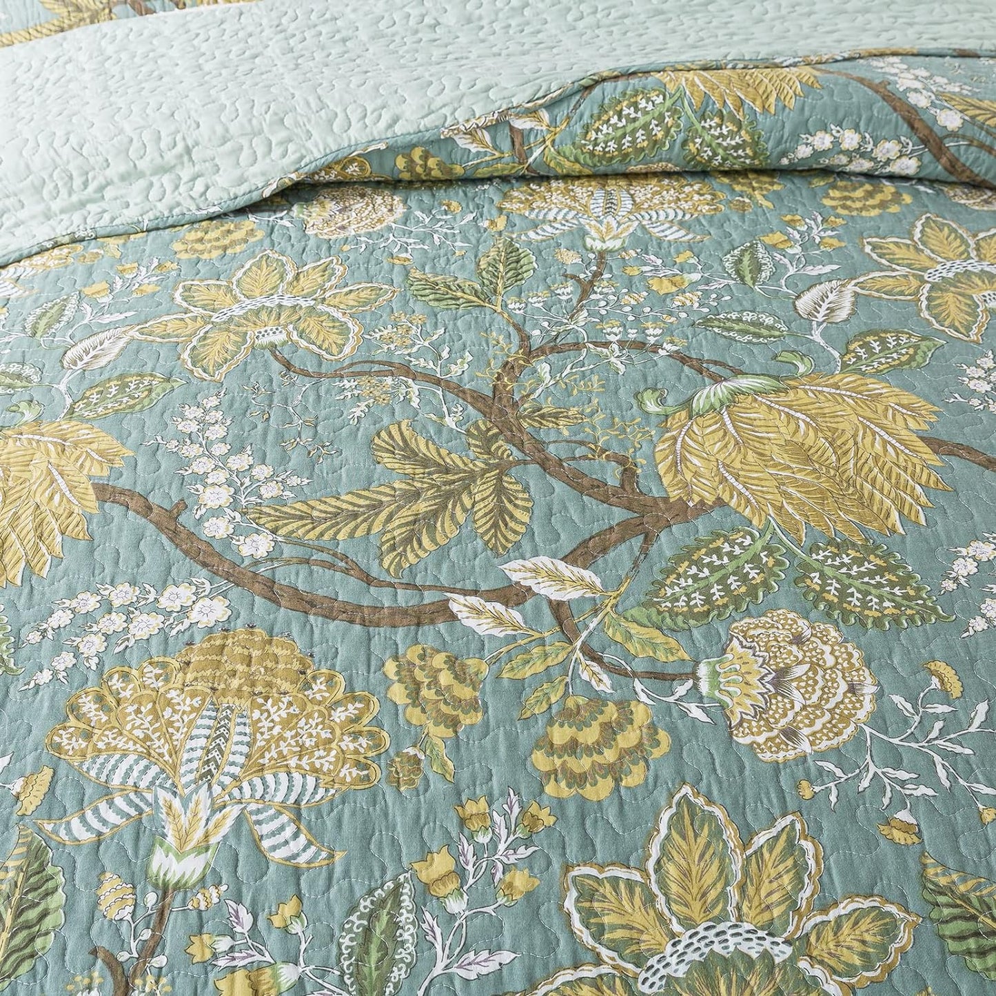 NEWLAKE Cotton Bedspread Quilt Sets-Reversible Patchwork Coverlet Set, Green Floral Pattern, Queen