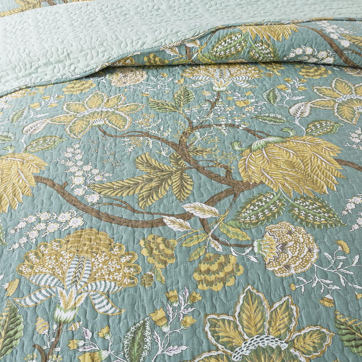 NEWLAKE Cotton Bedspread Quilt Sets-Reversible Patchwork Coverlet Set, Green Floral Pattern, Queen