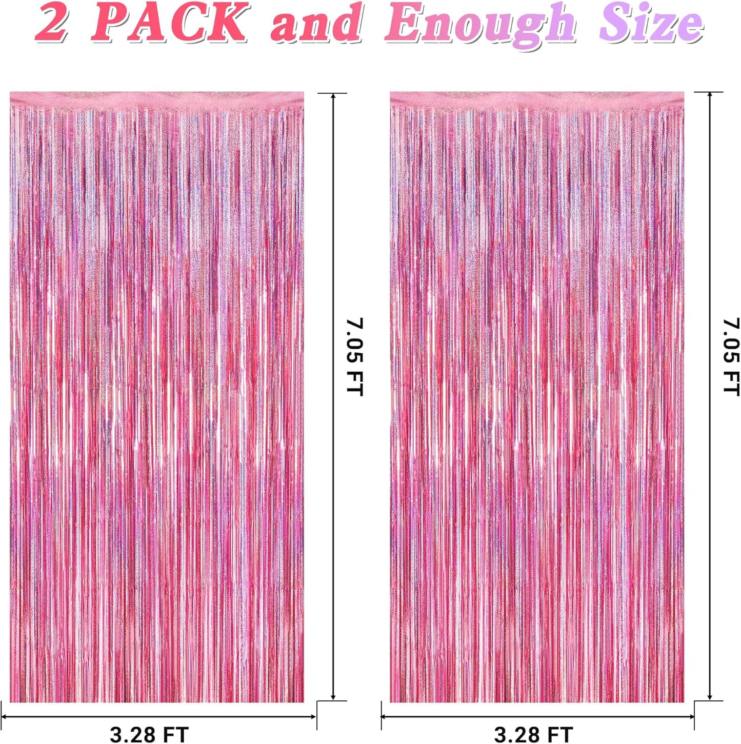 2 Pack Glitter Pink Backdrop, 3.28 FT x 7.05 FT Birthday Party Decorations, Laser Pink Fringe