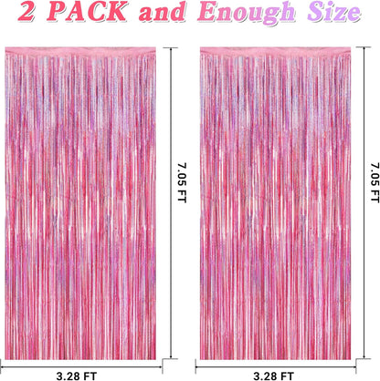 2 Pack Glitter Pink Backdrop, 3.28 FT x 7.05 FT Birthday Party Decorations, Laser Pink Fringe
