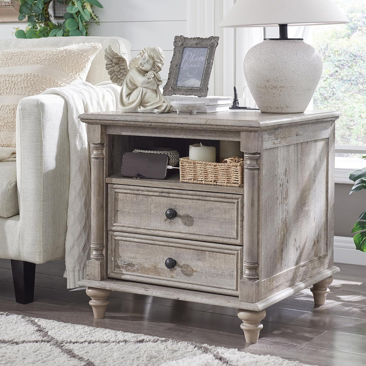 T4TREAM 24'' Farmhouse End Table w/4 Solid Wood Feet, Large 2 Drawers Wide Sofa Side Table with