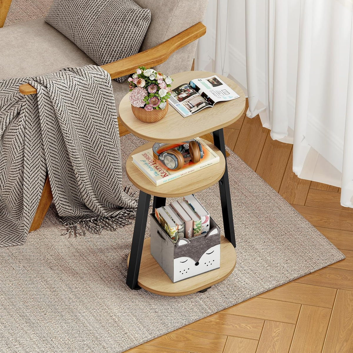 Side Table, Small End Table with Metal Frame, 3-Tier Bedside Tables, Round Side Tables for Living