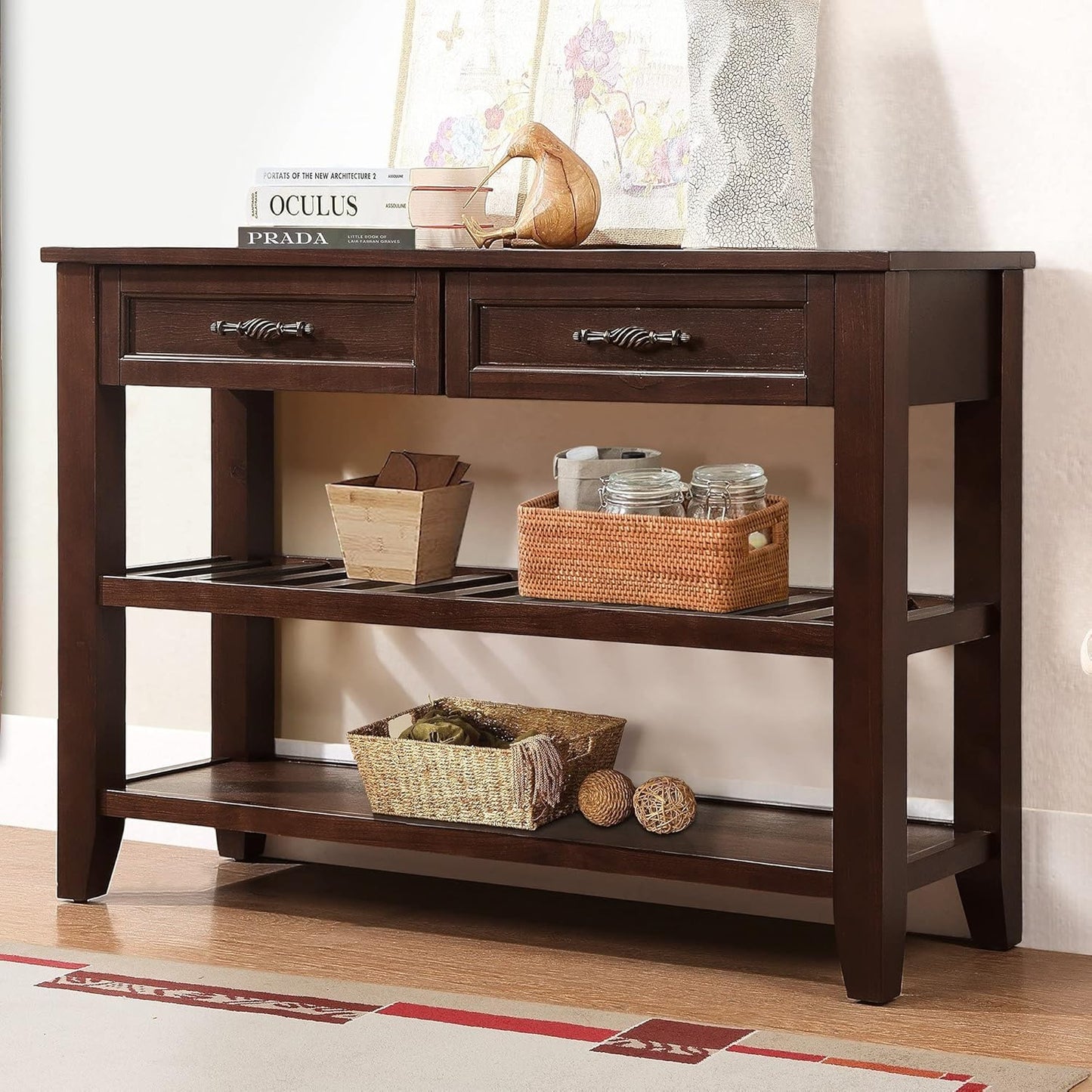 Solid Wood Console Table Sofa Tables with Drawers and Shelves Small Entryway Table for Living