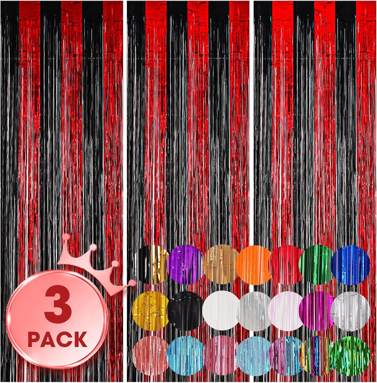 3 Pack 3.3x8.2 Feet Red and Black Foil Fringe Backdrop Curtains, Tinsel Streamers Birthday Party