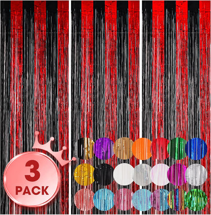 3 Pack 3.3x8.2 Feet Red and Black Foil Fringe Backdrop Curtains, Tinsel Streamers Birthday Party