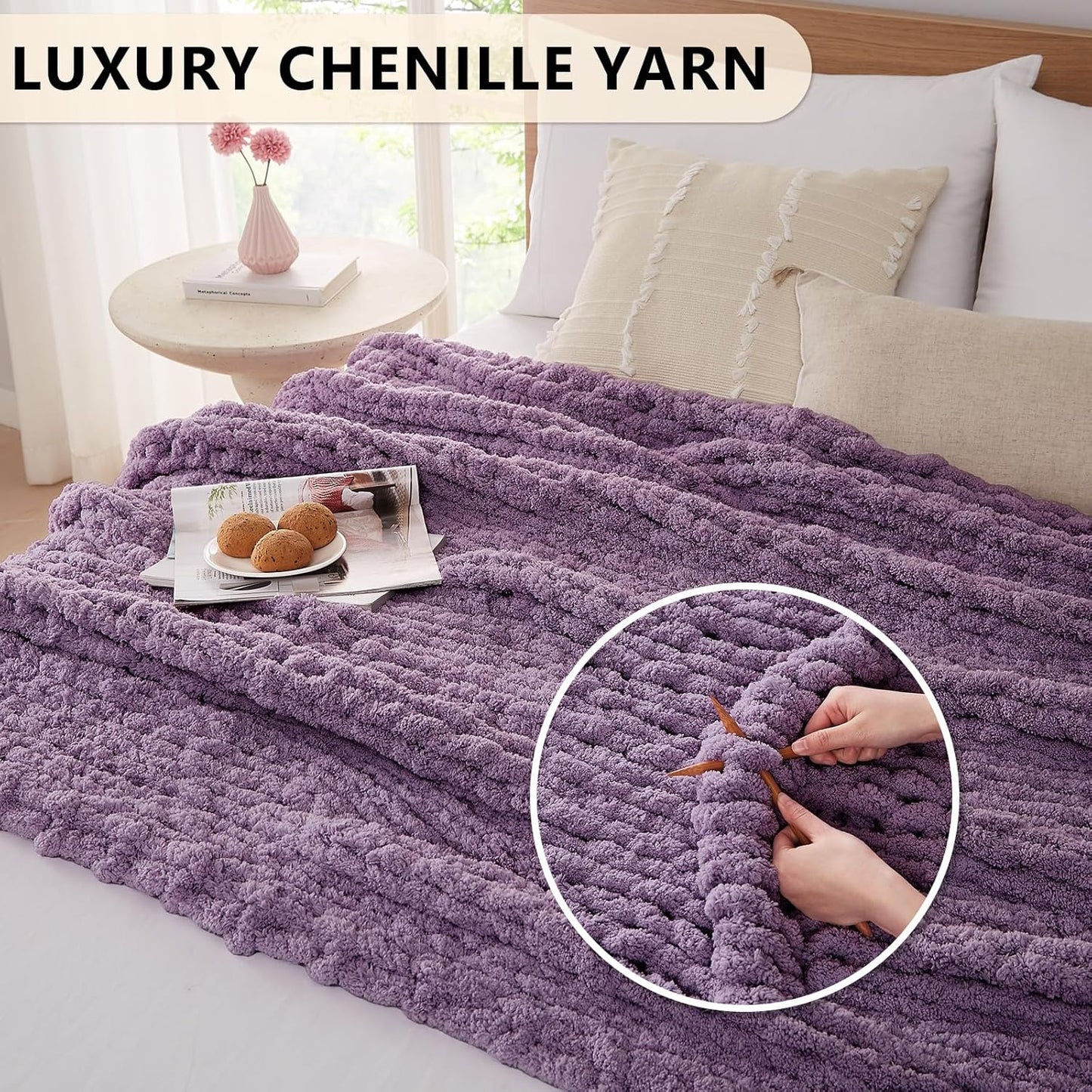 L'AGRATY Chunky Knit Blanket Throw: 60''x80'' Chenille Chunky Knitted Throw Blanket for Bed Couch
