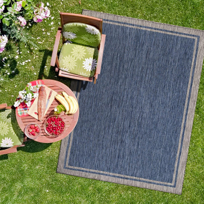 CAMILSON Outdoor Rug, 9x12 Bordered Navy Blue Gray Modern Large Area Rugs for Indoor and Outdoor