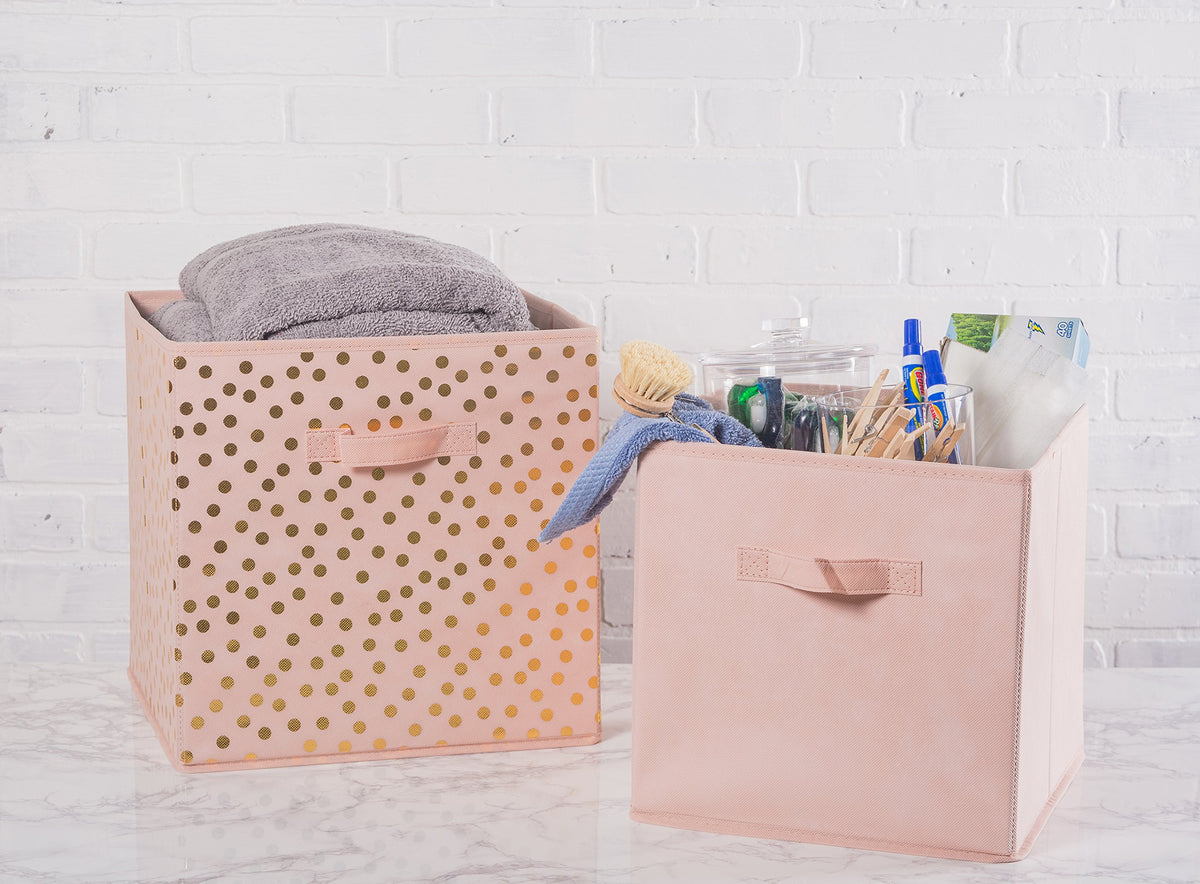 DII Woven Polyester Storage Bin, Polka Dot, Pink & Gold, Small Set of 2