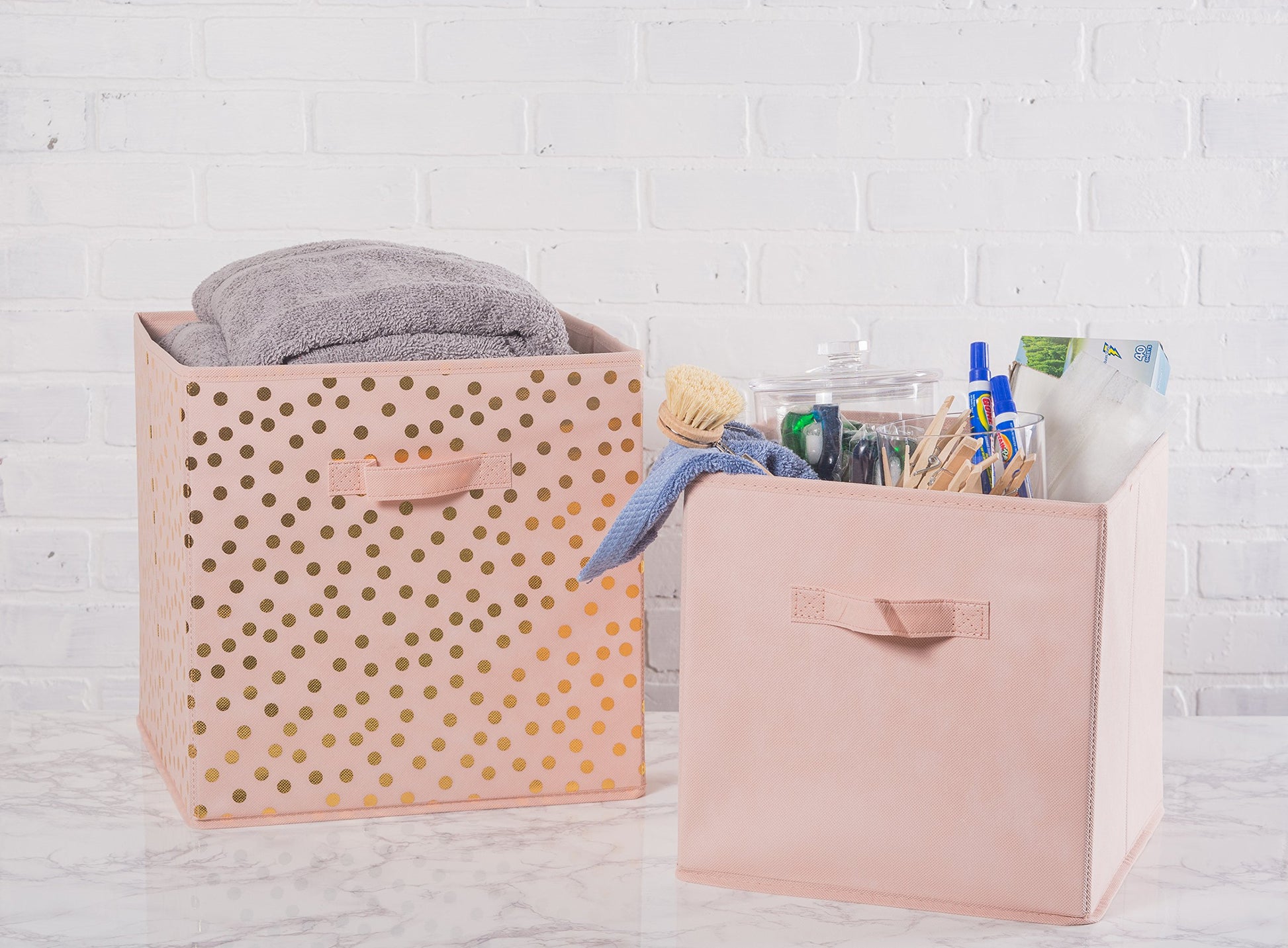 DII Woven Polyester Storage Bin, Polka Dot, Pink & Gold, Small Set of 2