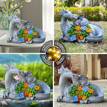 Solar Dragon Statue with LED Lights, Dargon Lover Gifts with Succulent and 6 LED Lights for