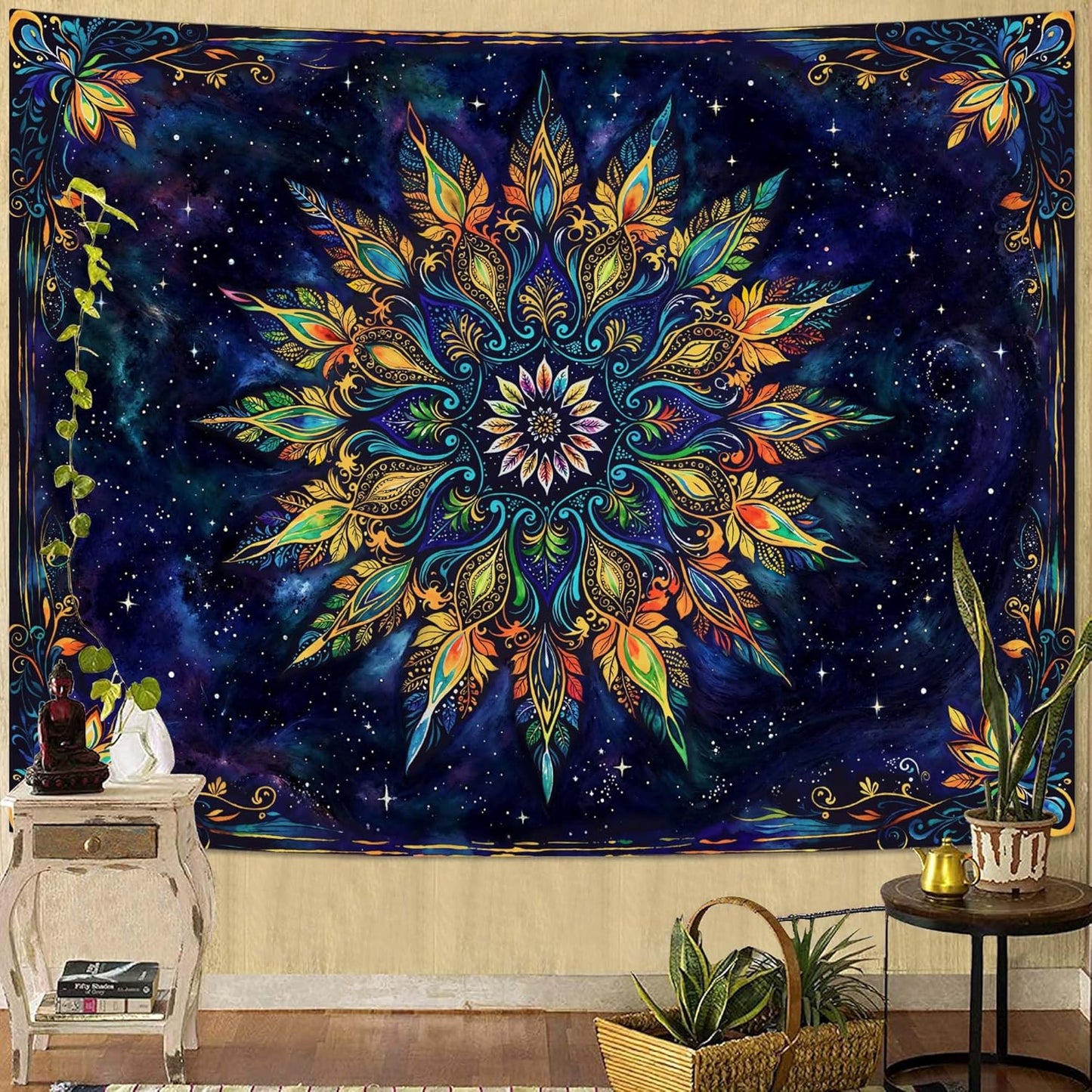 Fowocu Boho Floral Mandala Tapestry for Bedroom Aesthetic Blue Bohemian Colorful Flower Wall