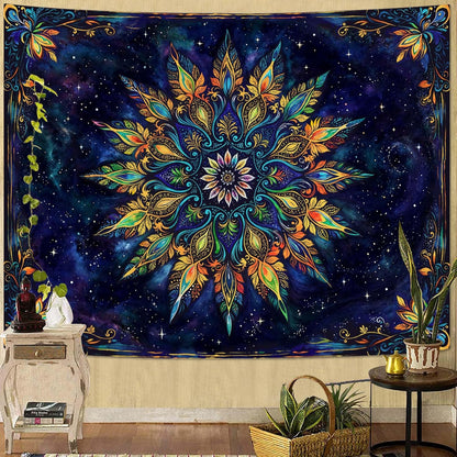 Fowocu Boho Floral Mandala Tapestry for Bedroom Aesthetic Blue Bohemian Colorful Flower Wall