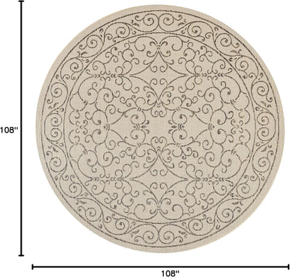 JONATHAN Y Vintage Filigree Indoor Outdoor Round Area Rug 9 Ft Beige/Brown, Charleston Textured
