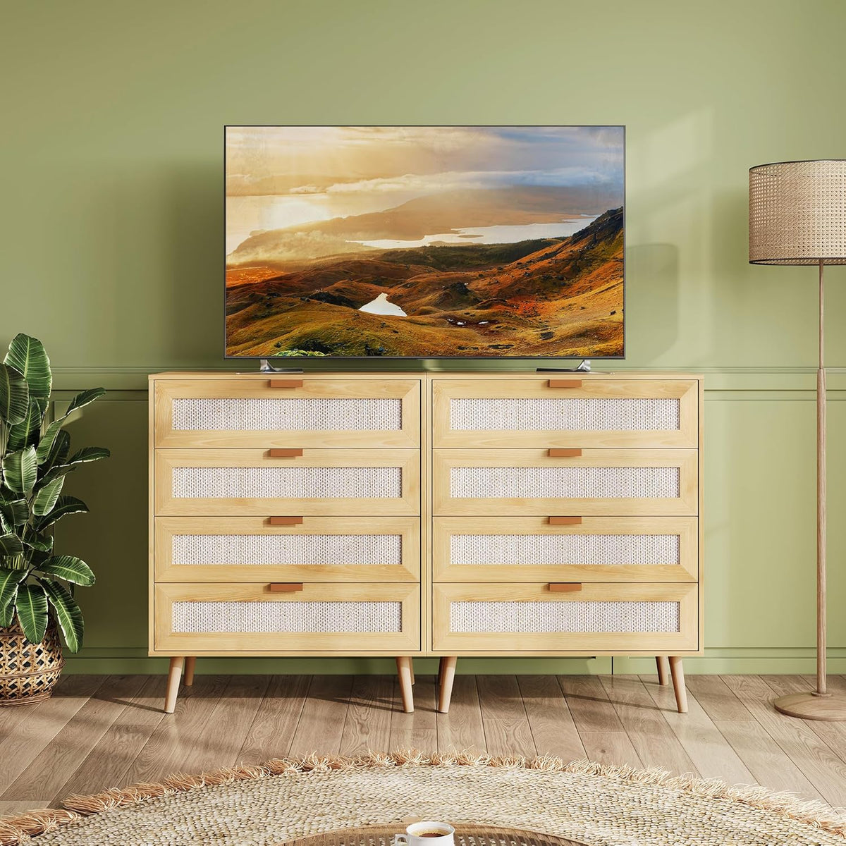 WLIVE Rattan Dresser for Bedroom, 4 Drawer Wood Boho Dresser Storage with Gold Metal Handle, Chest