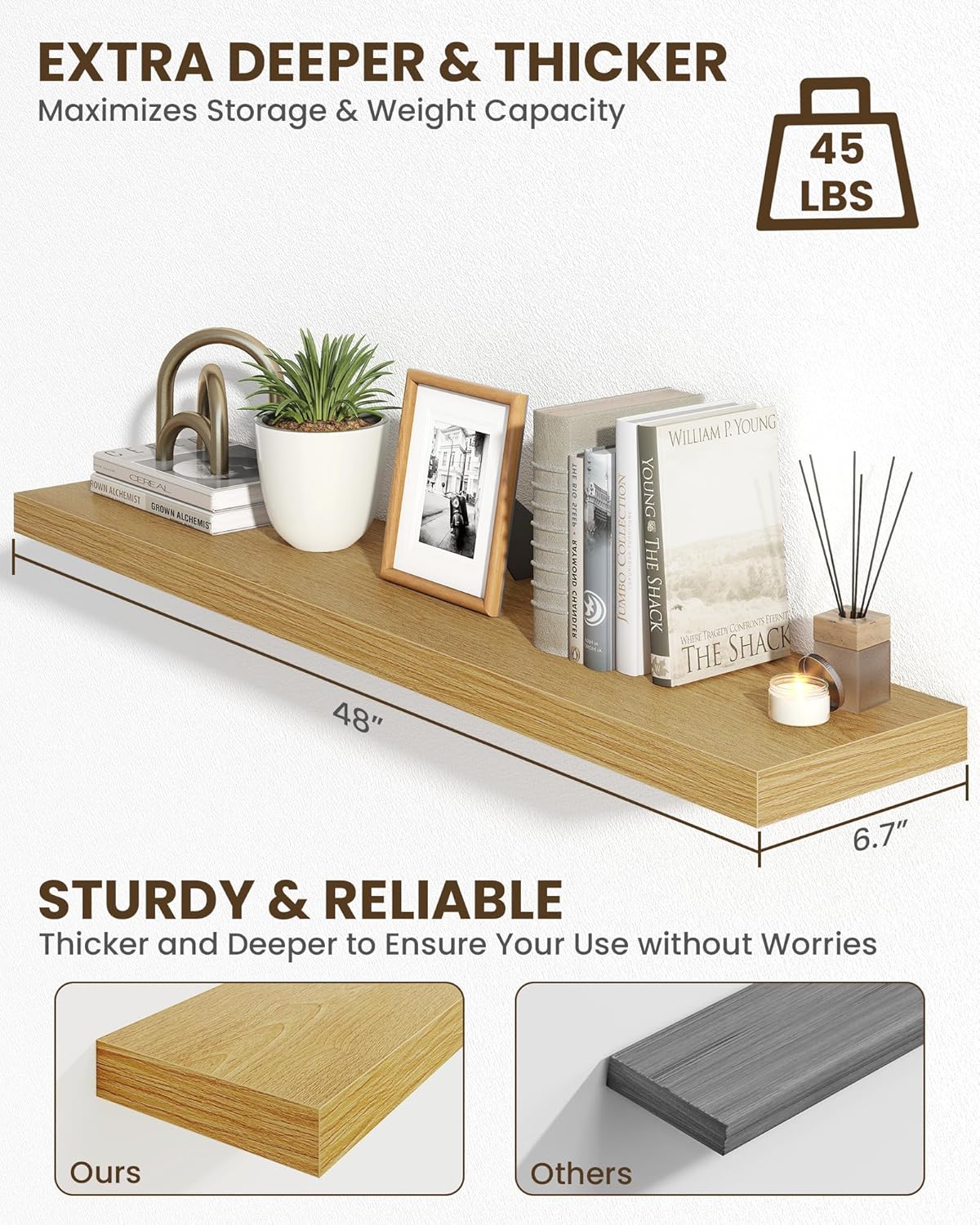 Marsmiles 48" Floating Shelves for Wall, Wooden Shelves with Invisible Brackets Set of 2, Rustic