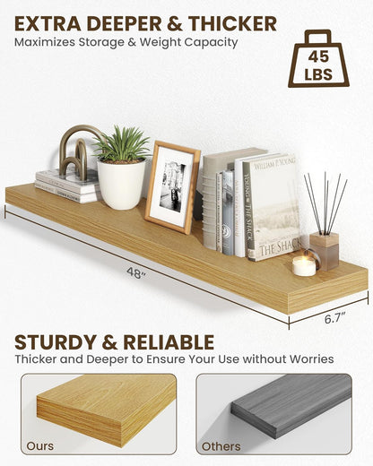 Marsmiles 48" Floating Shelves for Wall, Wooden Shelves with Invisible Brackets Set of 2, Rustic