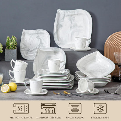 MALACASA Marble Grey Dinnerware Sets, 30-Piece Porcelain Dinnerware Set, Modern Plates and Bowls